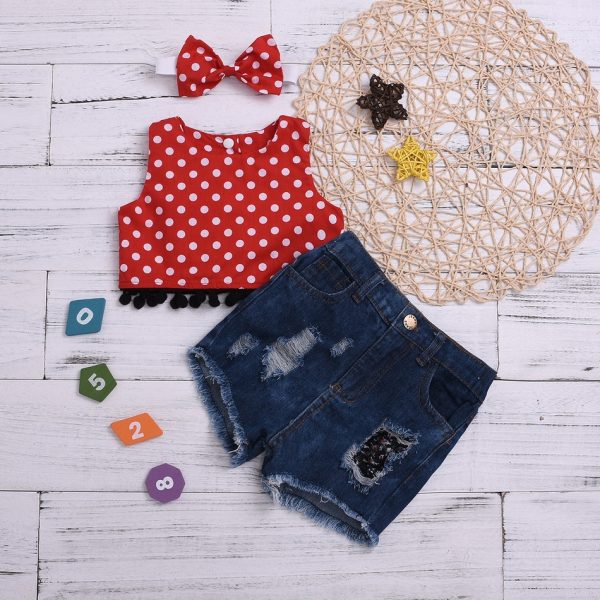 Baby Girl Polka Dots Tank Top and Denim Ripped Shorts Set with Headband
